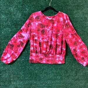 Bar III Rose Print Long-Sleeve Blouse in Pink and Red